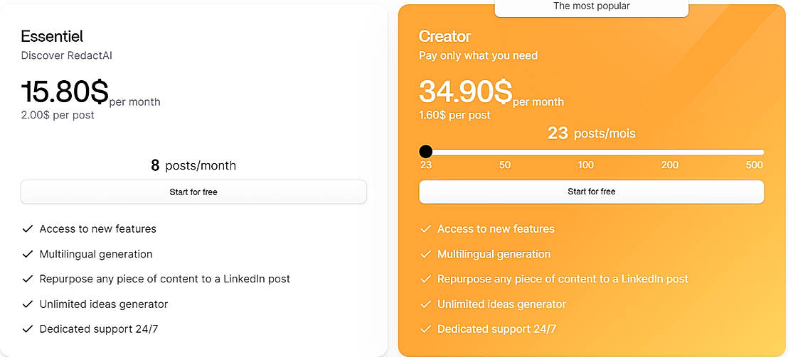 Pricing screenshot