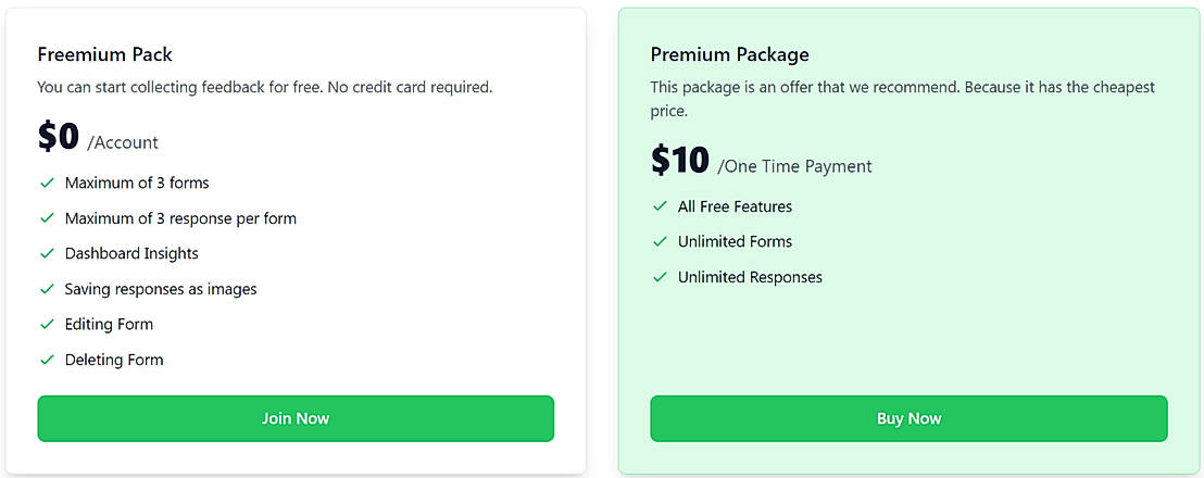 Pricing screenshot