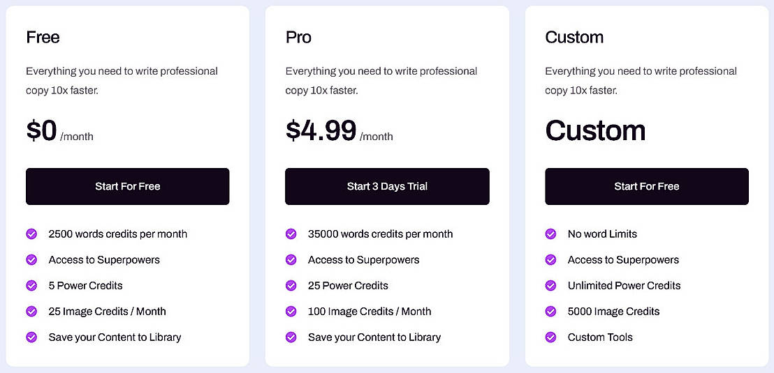 Pricing screenshot