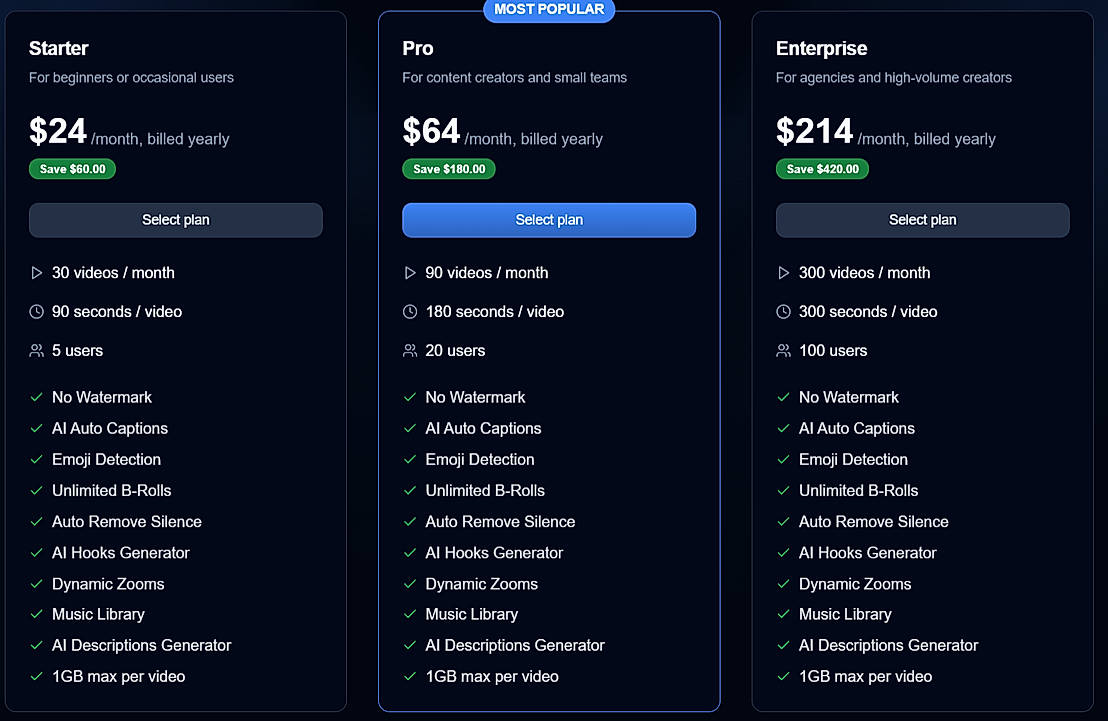 Pricing screenshot