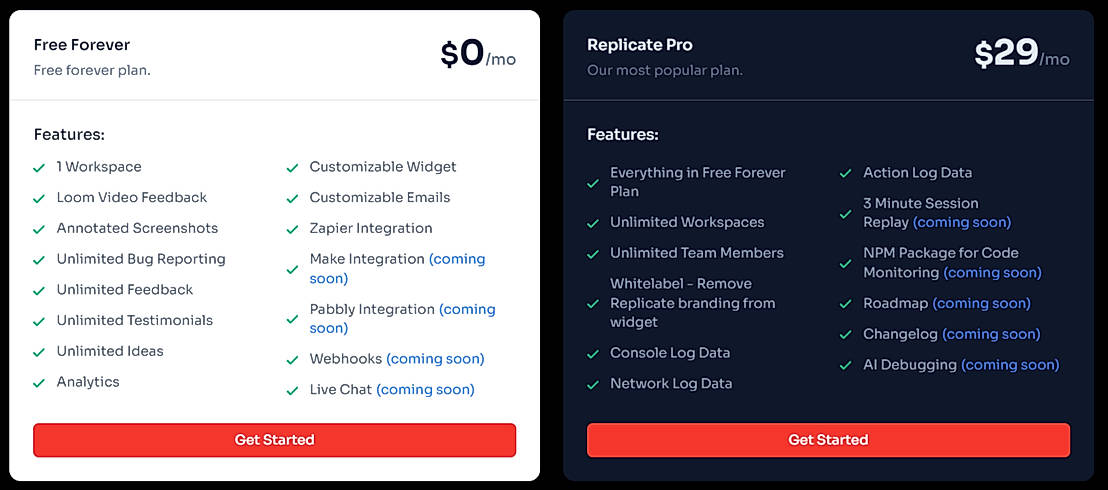 Pricing screenshot