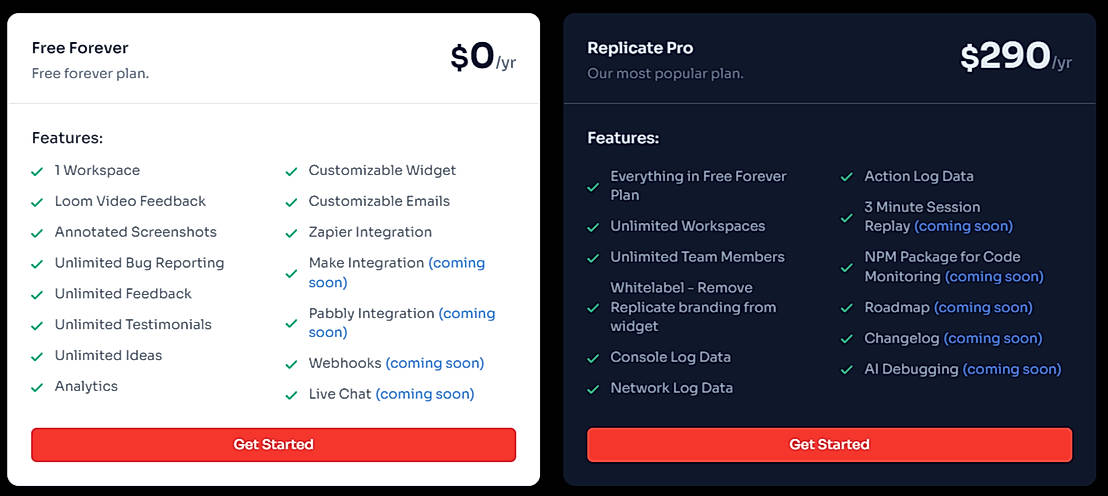Pricing screenshot