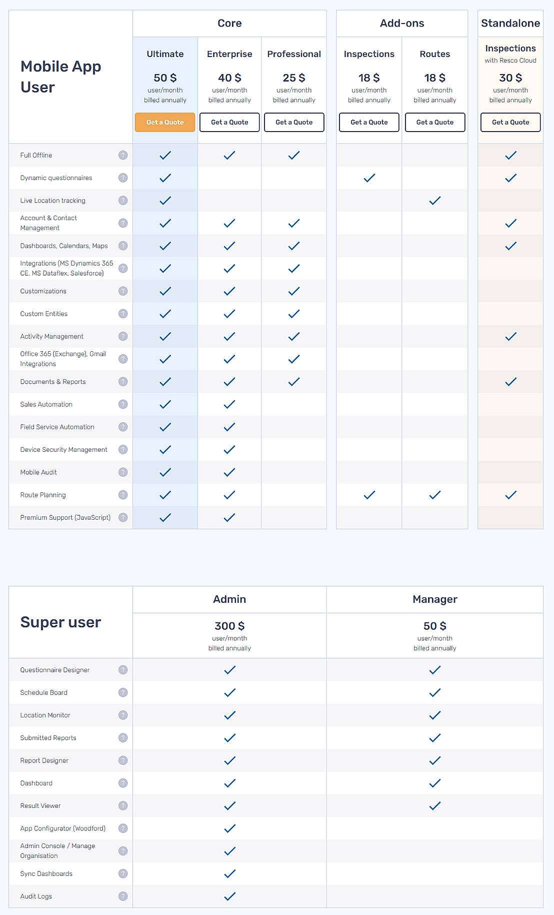 Pricing screenshot