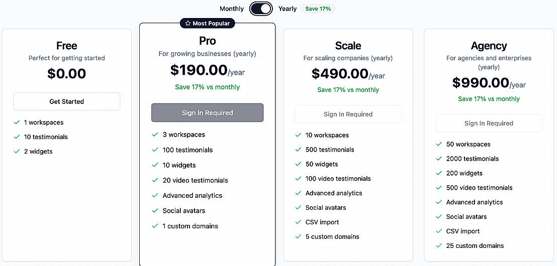 Pricing screenshot