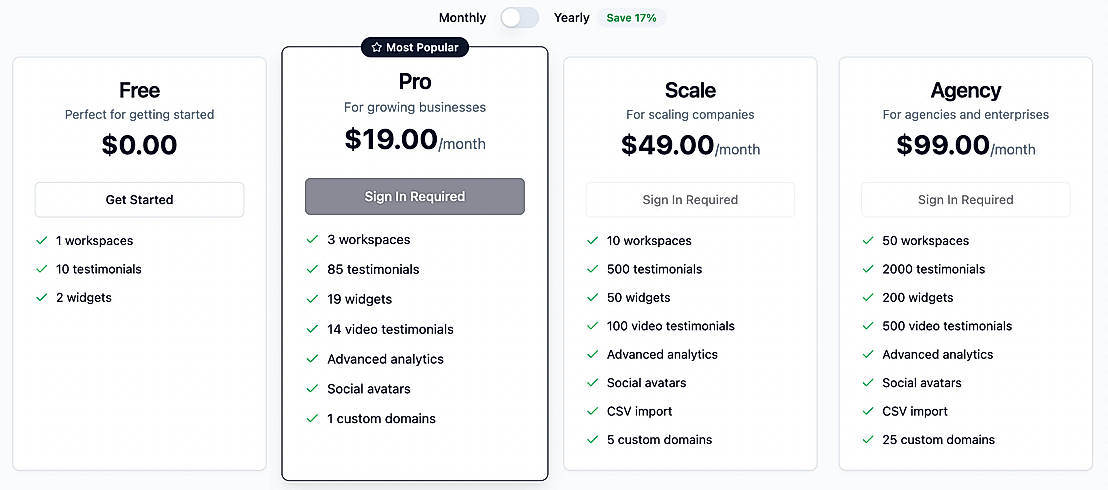 Pricing screenshot