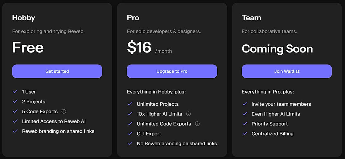 Pricing screenshot