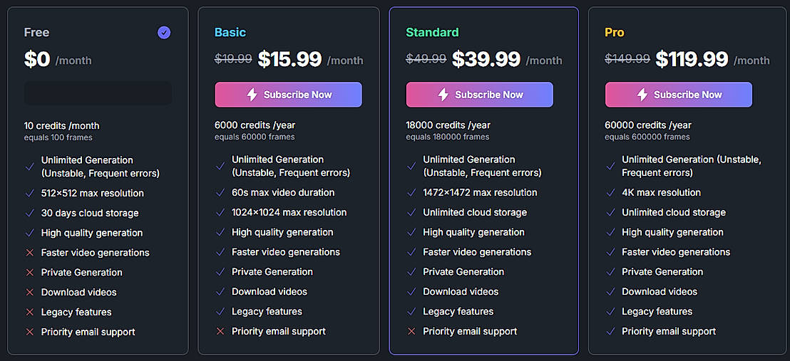 Pricing screenshot