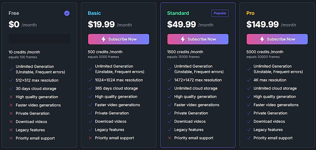 Pricing screenshot