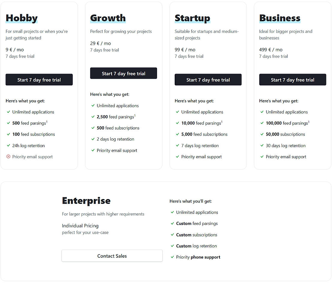 Pricing screenshot