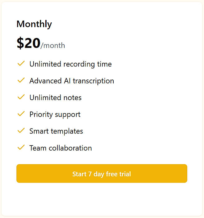 Pricing screenshot