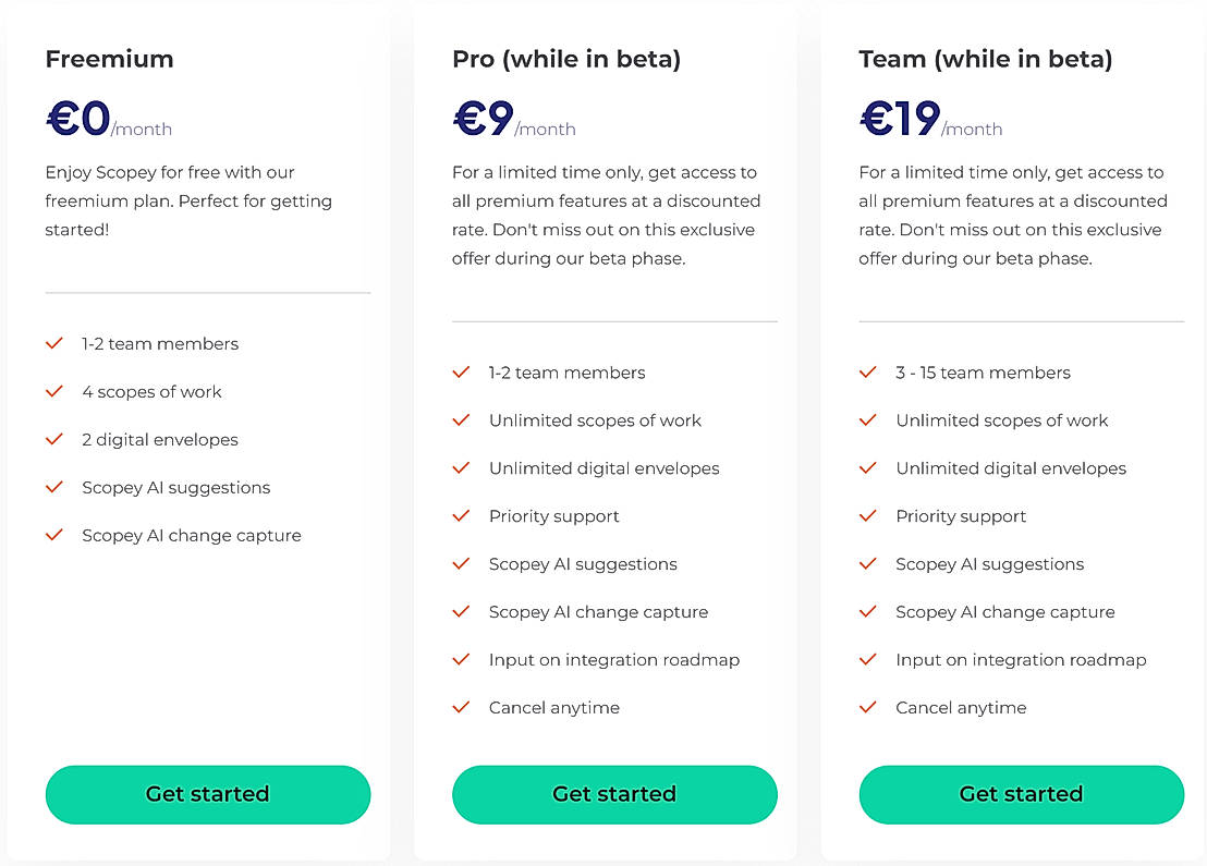 Pricing screenshot
