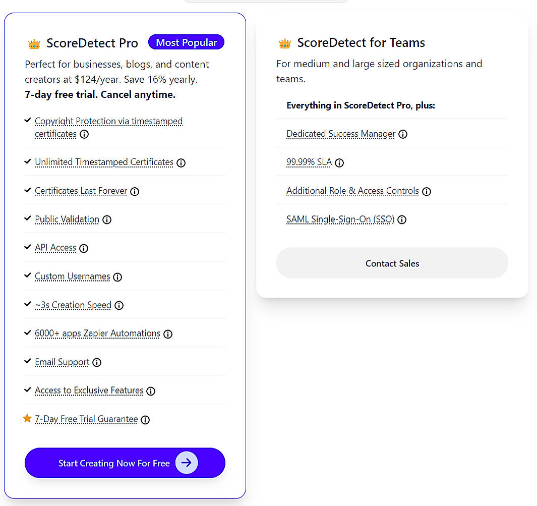 Pricing screenshot