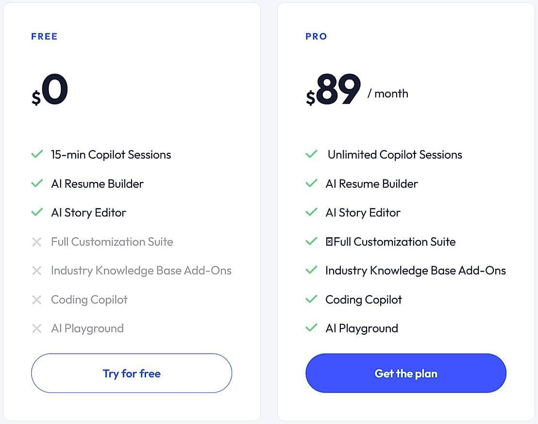Pricing screenshot