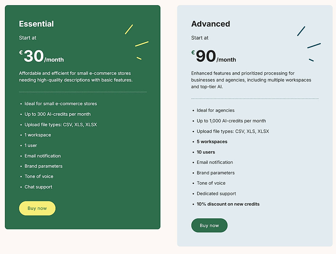 Pricing screenshot