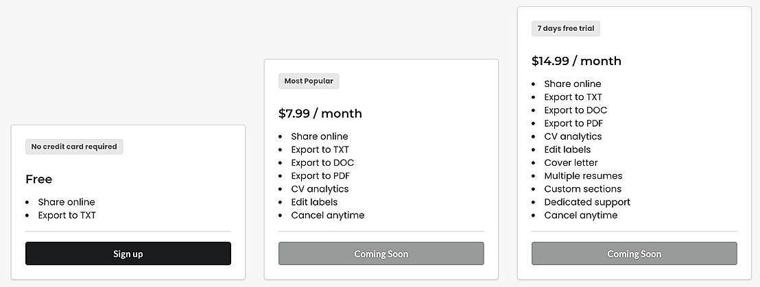Pricing screenshot