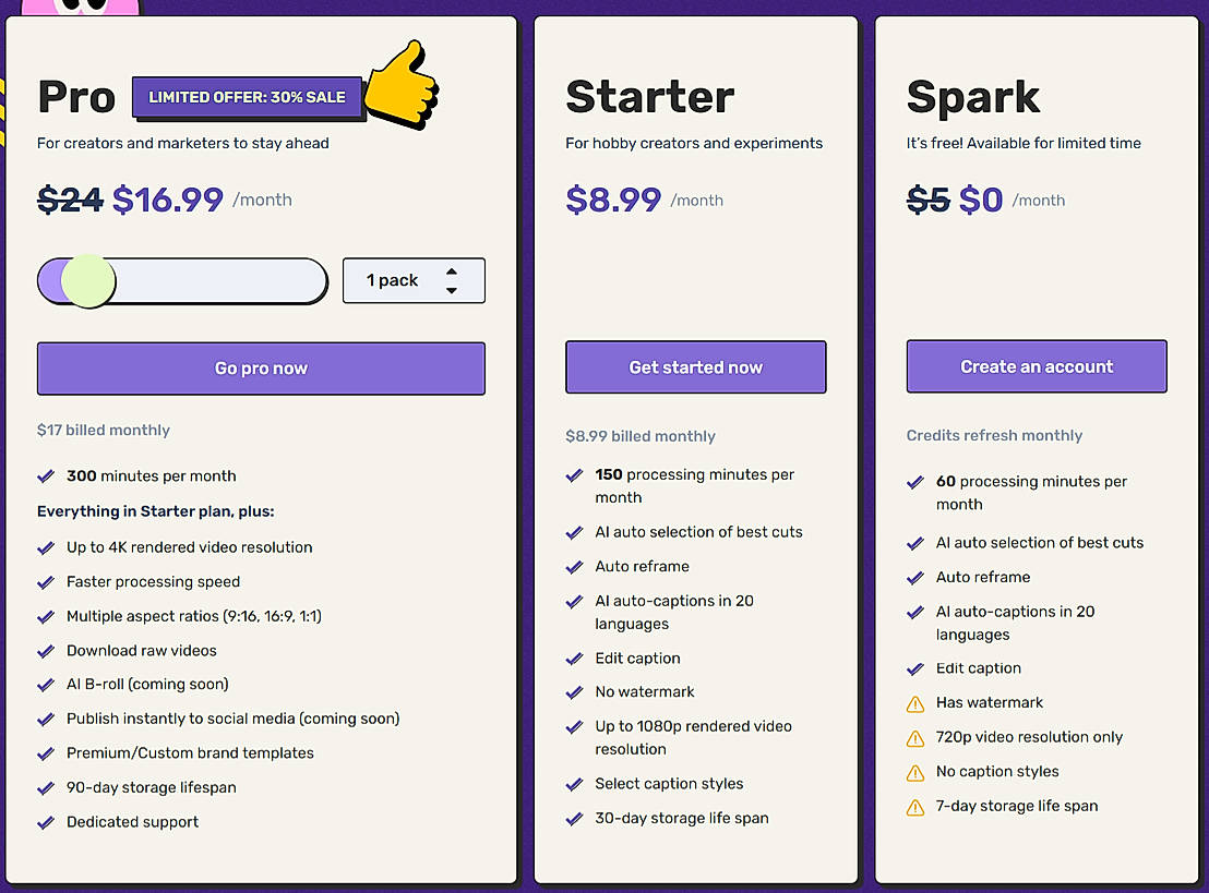 Pricing screenshot