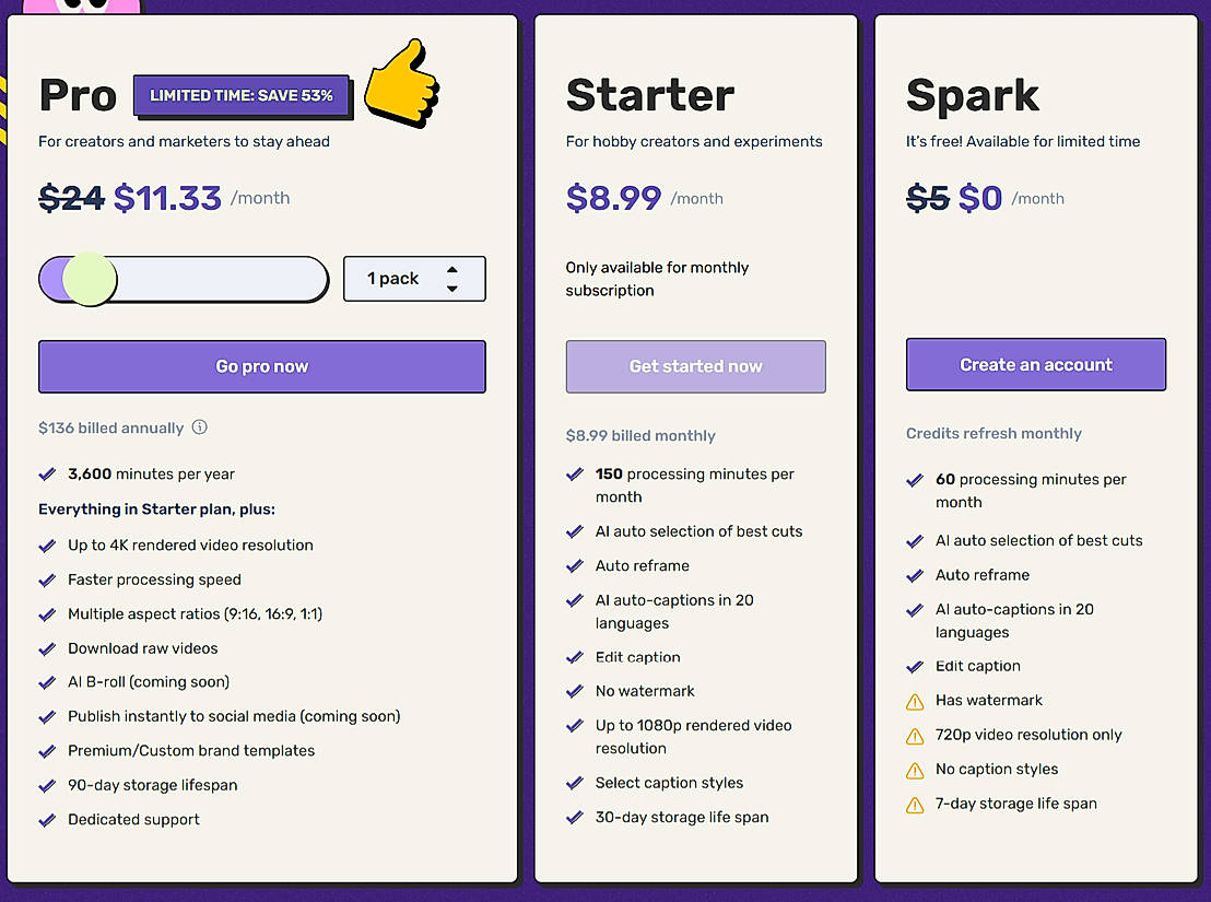 Pricing screenshot