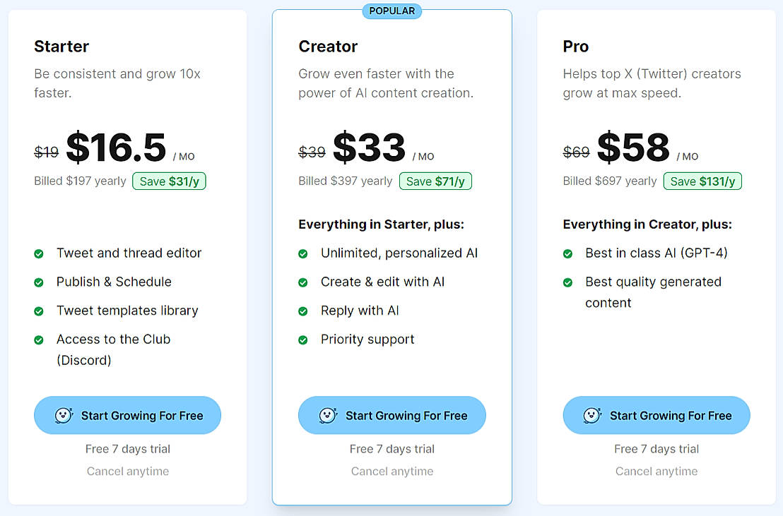 Pricing screenshot