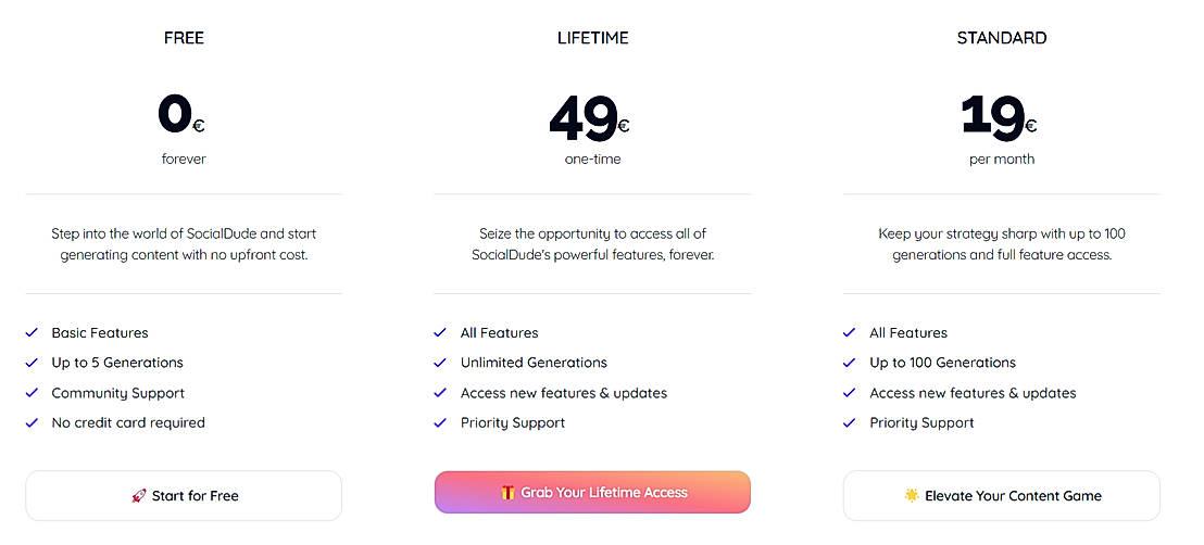 Pricing screenshot