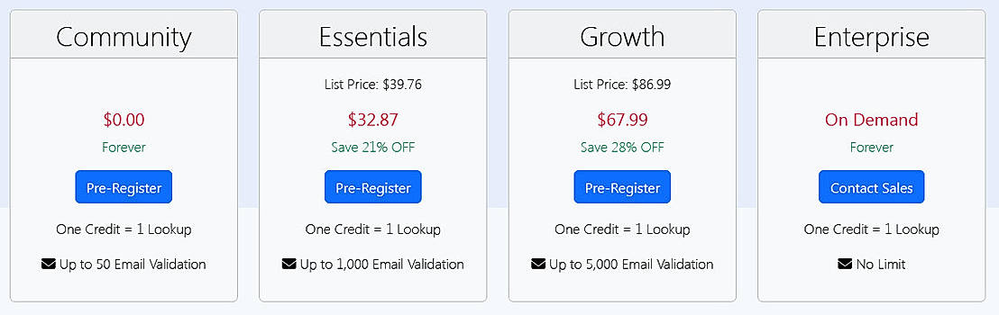 Pricing screenshot