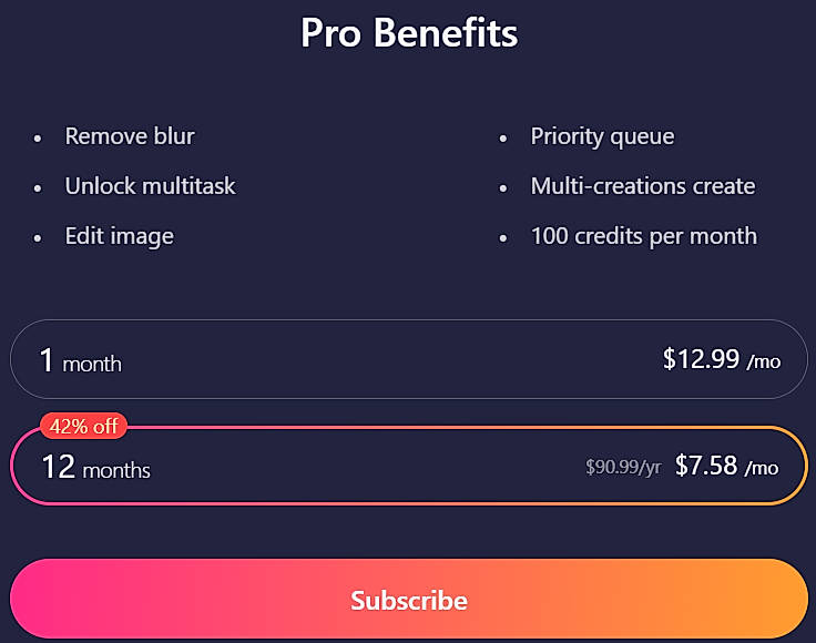 Pricing screenshot