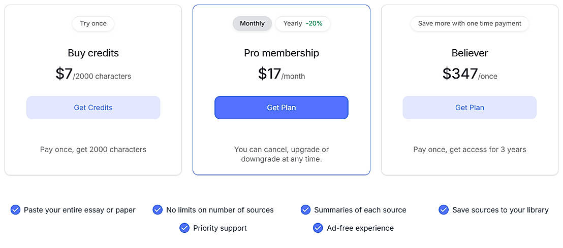 Pricing screenshot