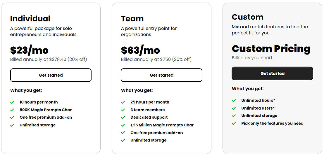 Pricing screenshot