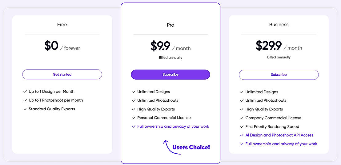 Pricing screenshot