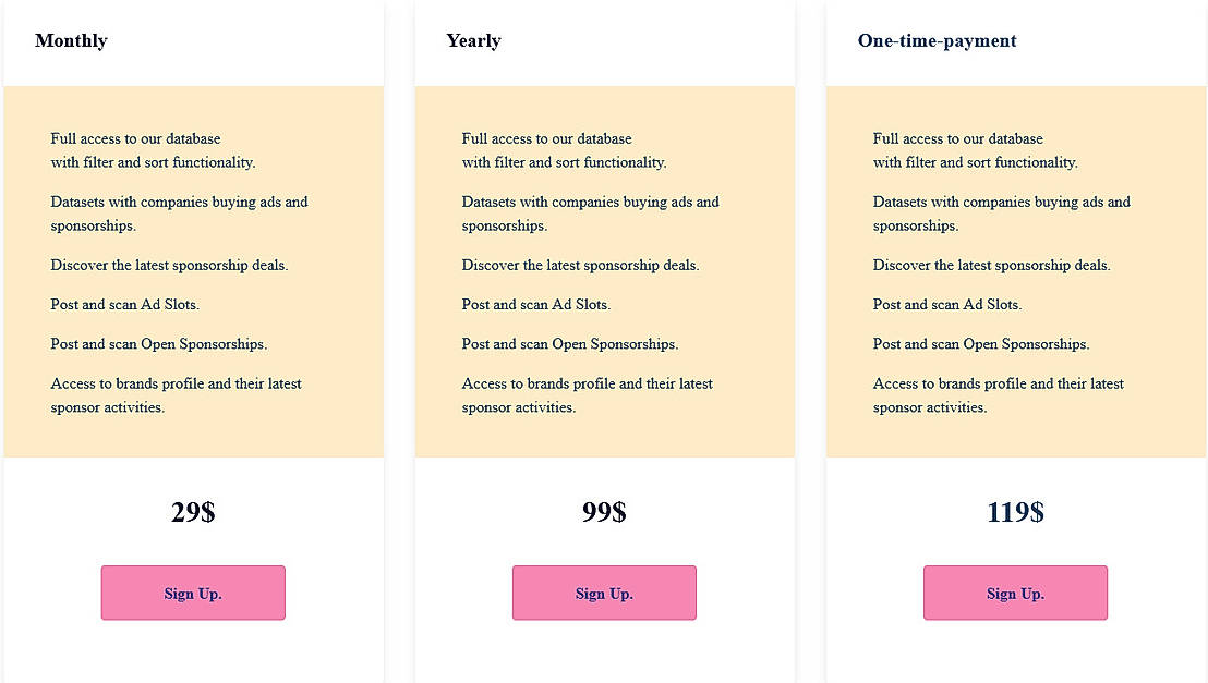 Pricing screenshot