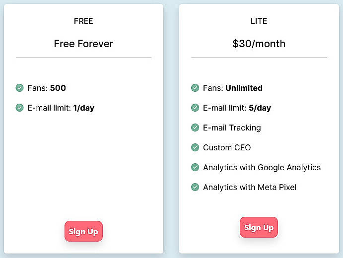 Pricing screenshot