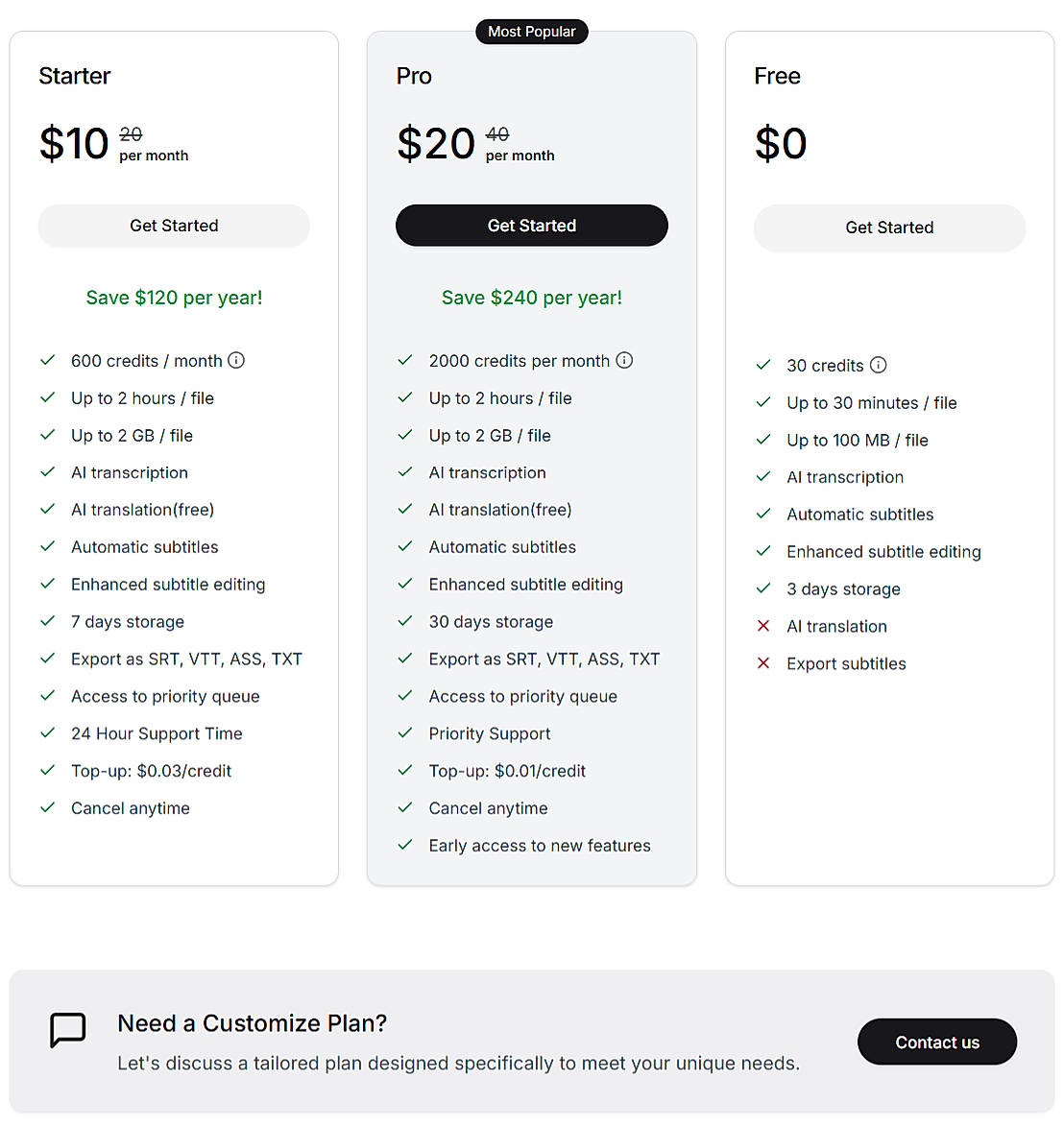 Pricing screenshot