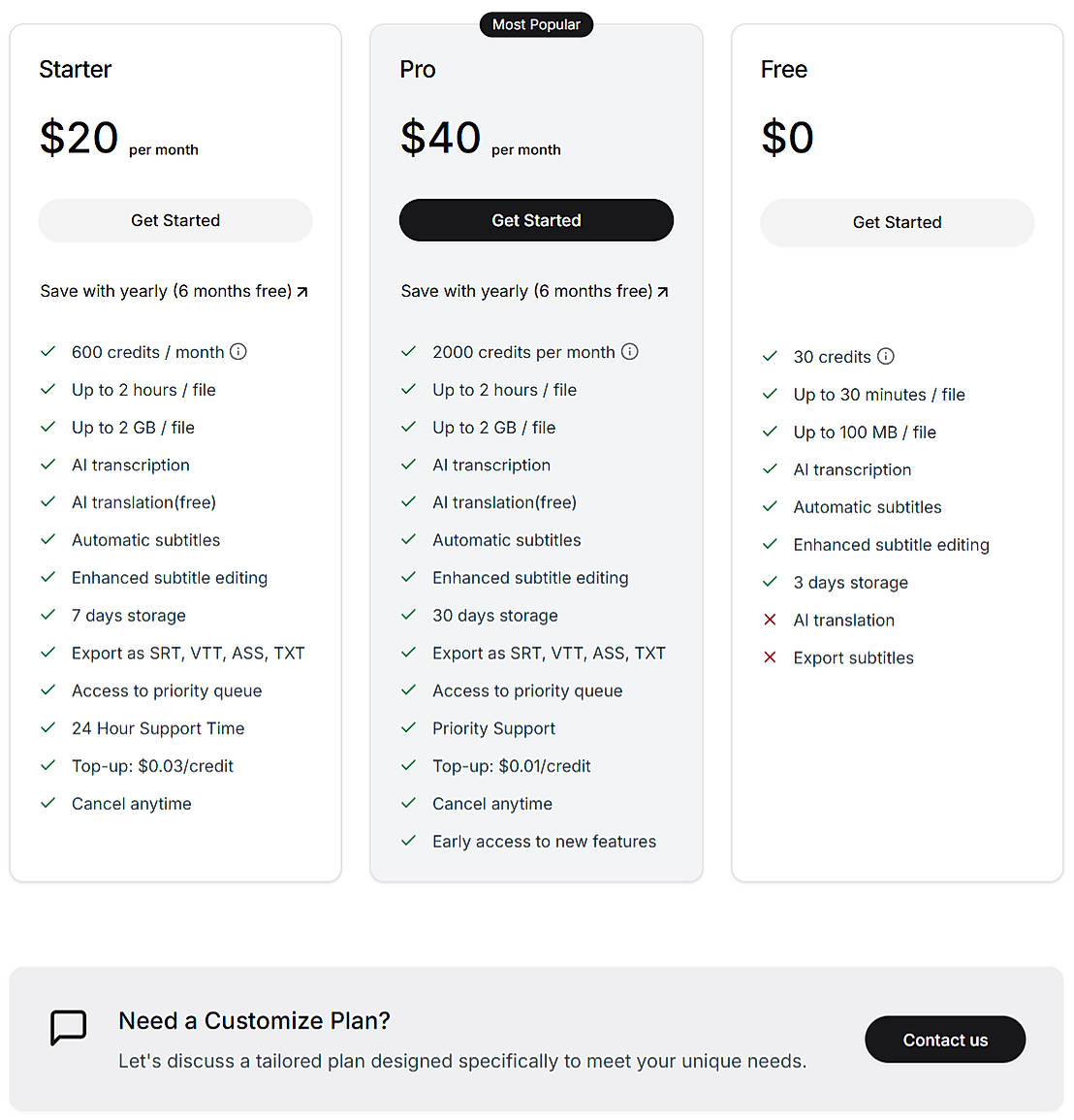 Pricing screenshot