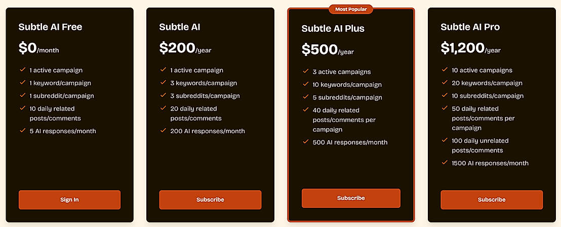 Pricing screenshot
