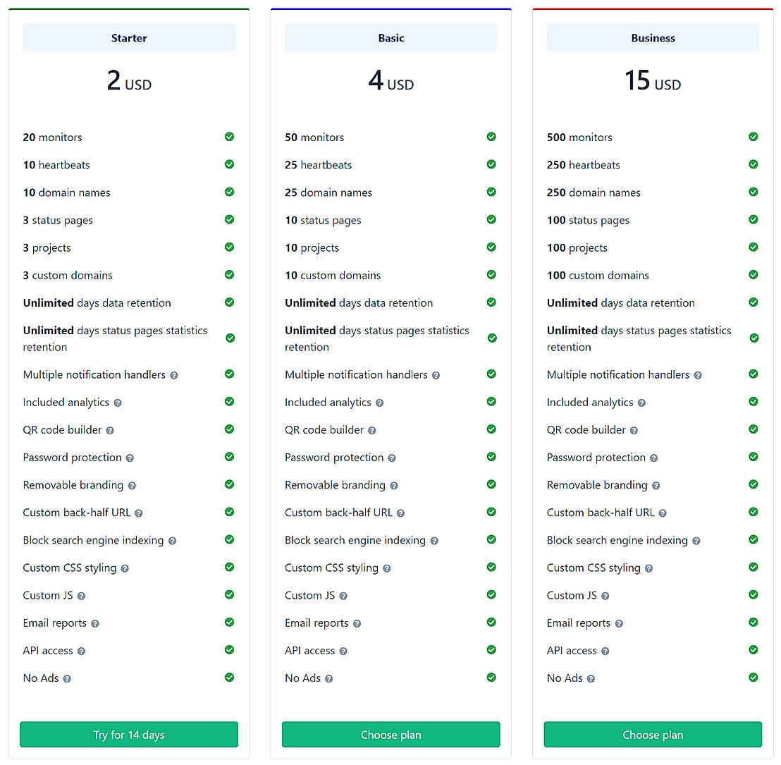 Pricing screenshot
