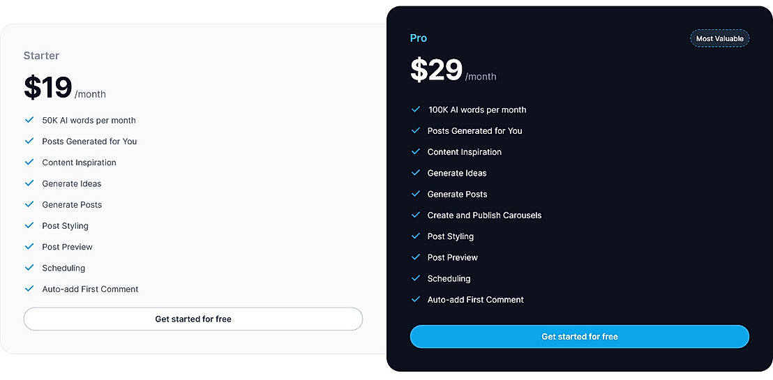 Pricing screenshot