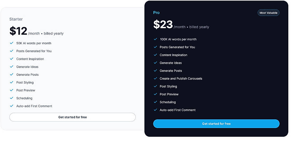 Pricing screenshot
