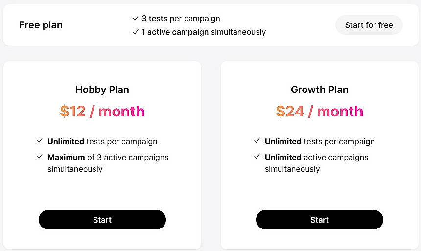 Pricing screenshot