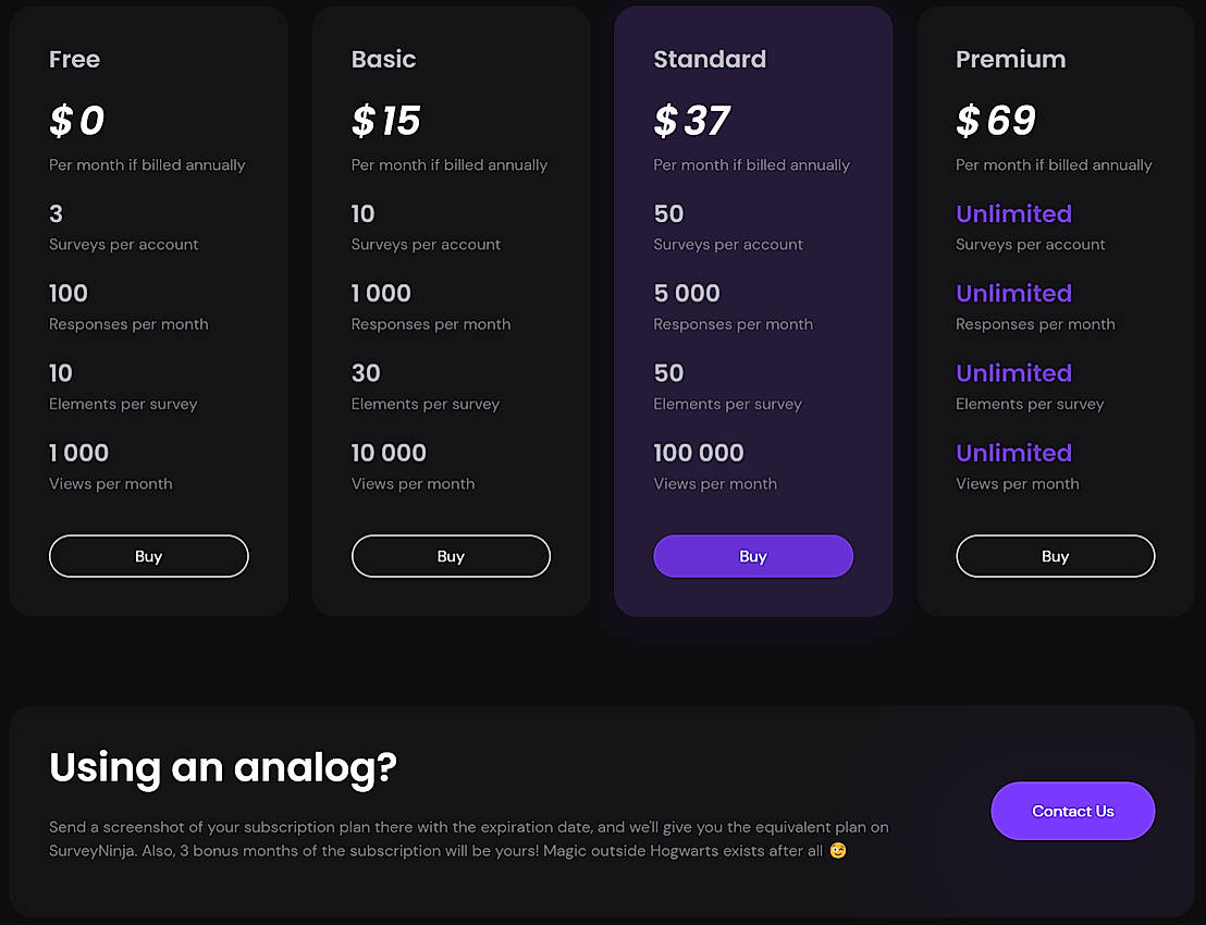 Pricing screenshot