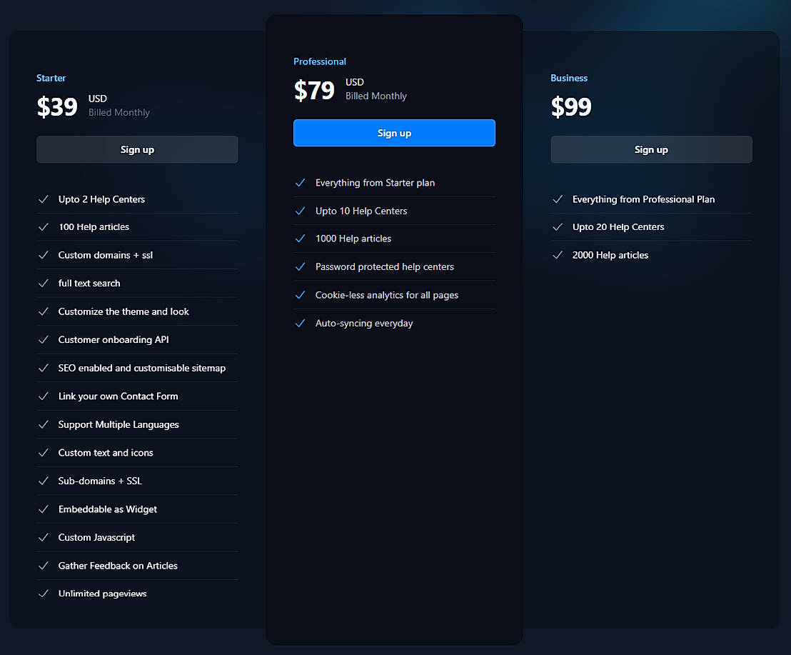 Pricing screenshot
