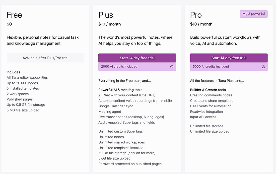 Pricing screenshot