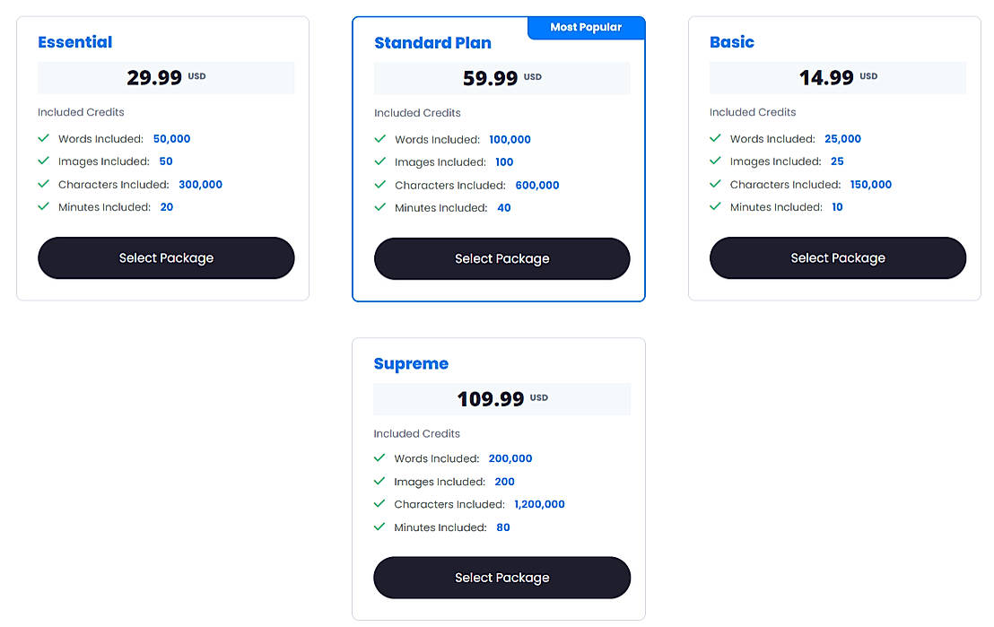 Pricing screenshot