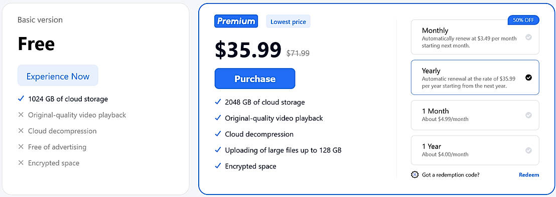 Pricing screenshot