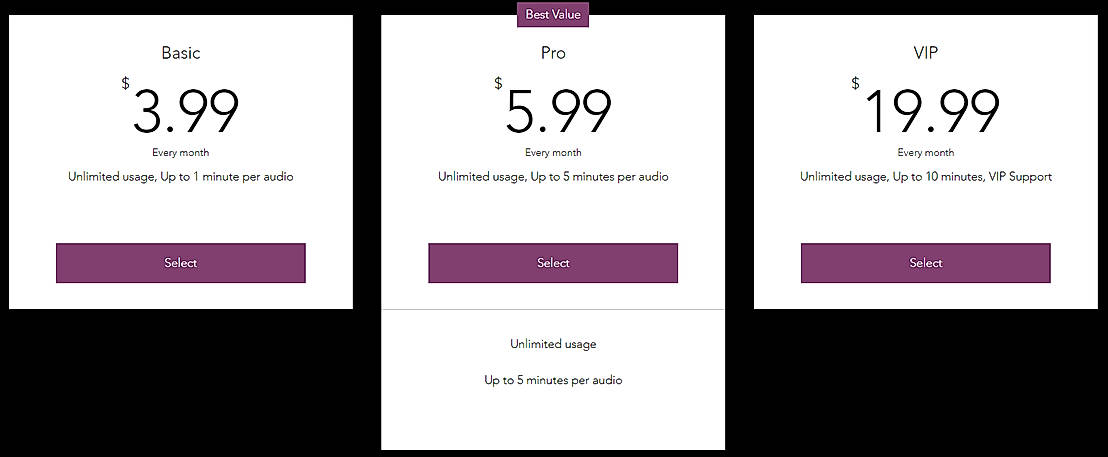 Pricing screenshot