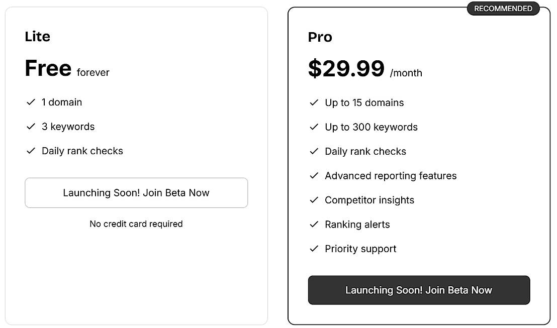 Pricing screenshot
