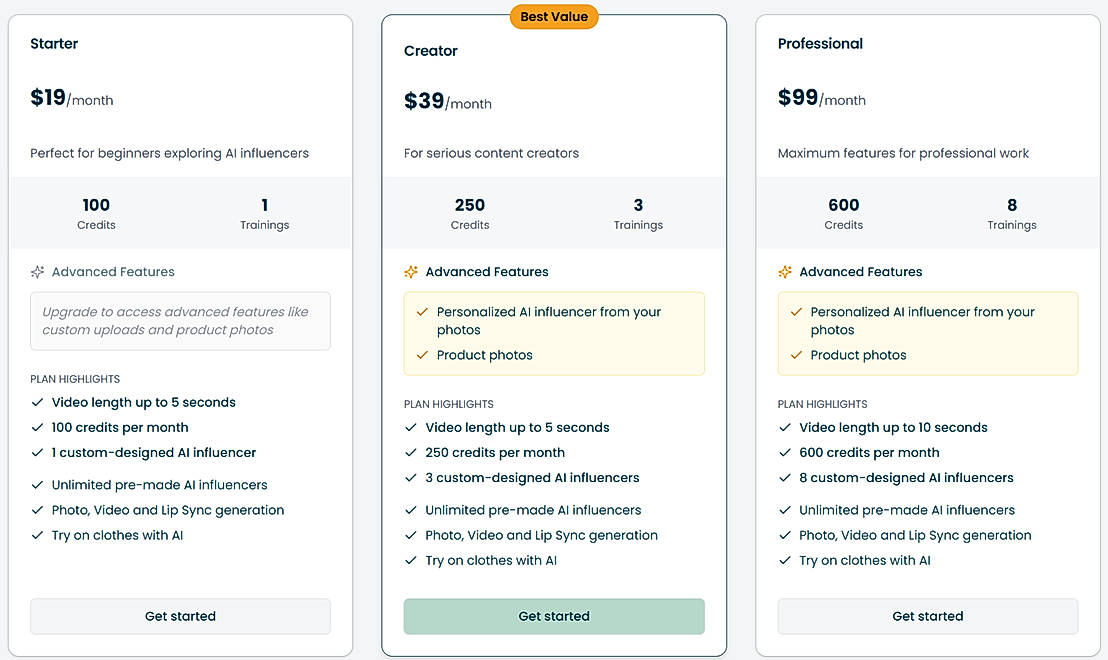 Pricing screenshot