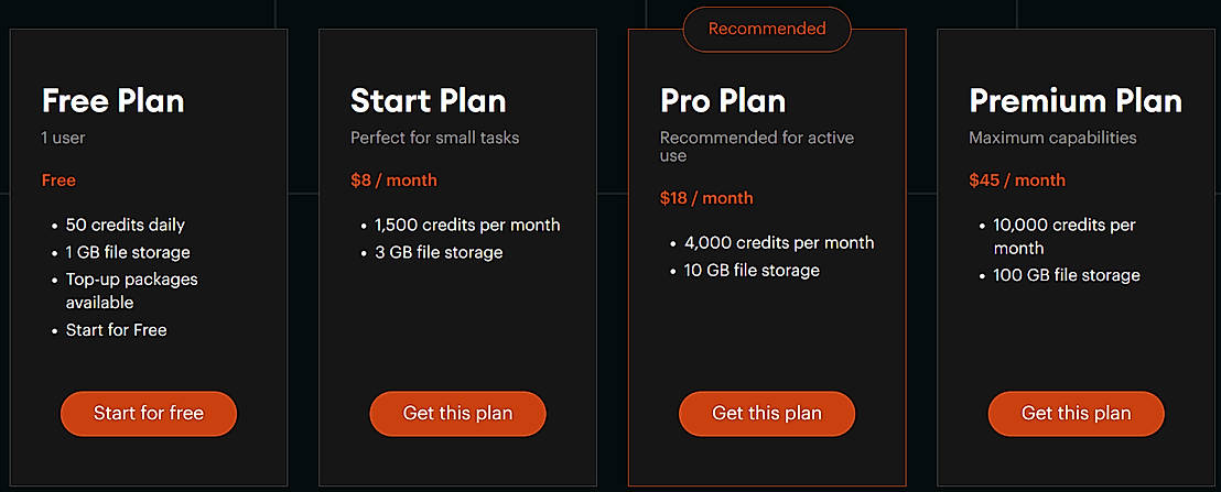 Pricing screenshot