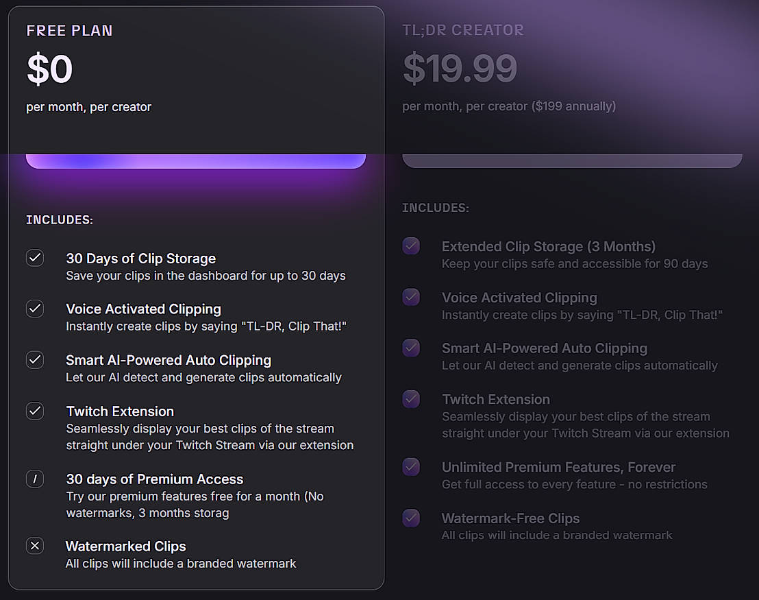 Pricing screenshot