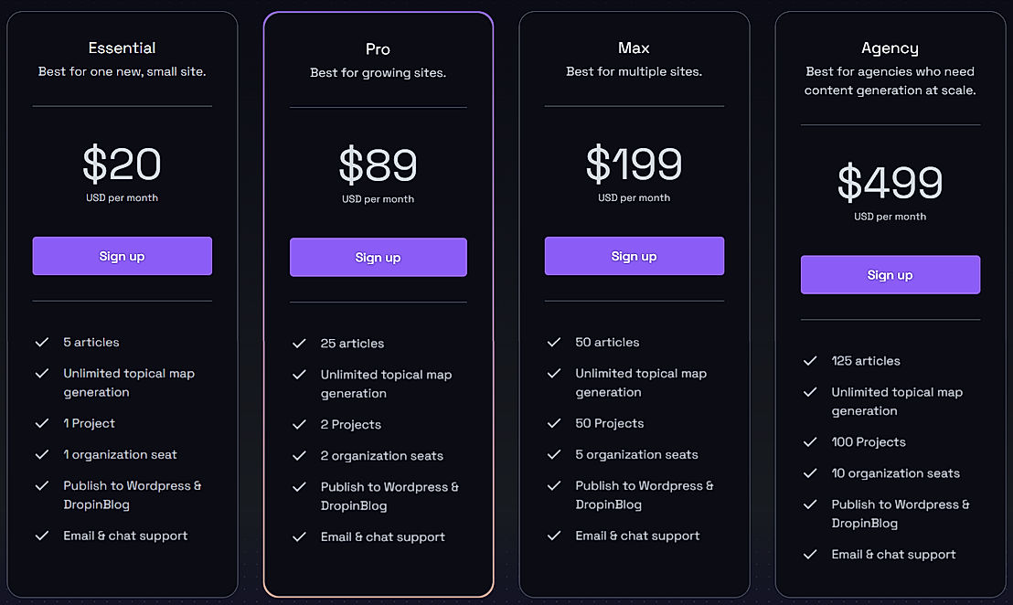 Pricing screenshot