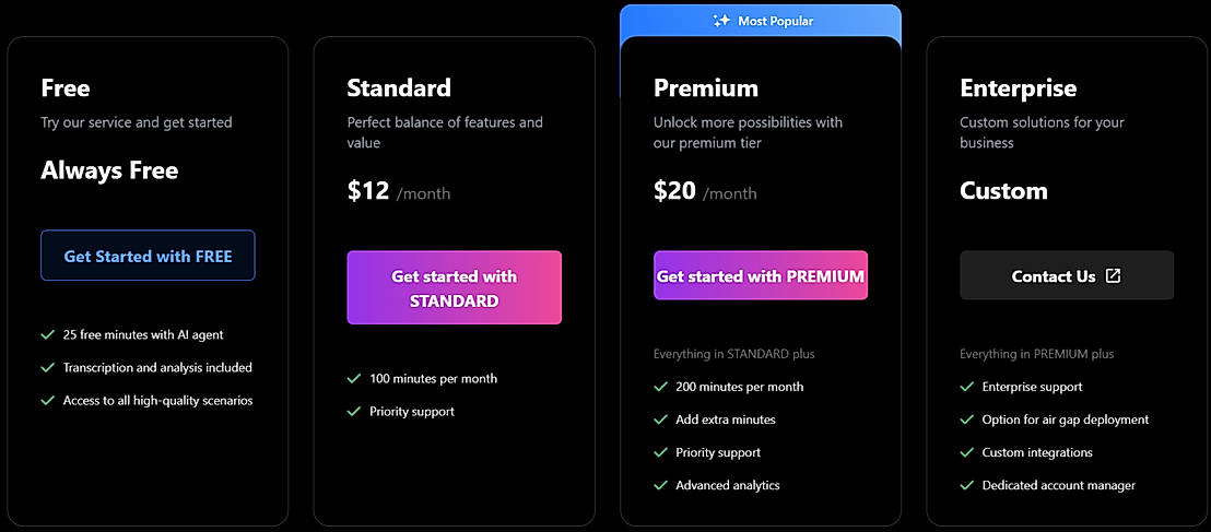 Pricing screenshot