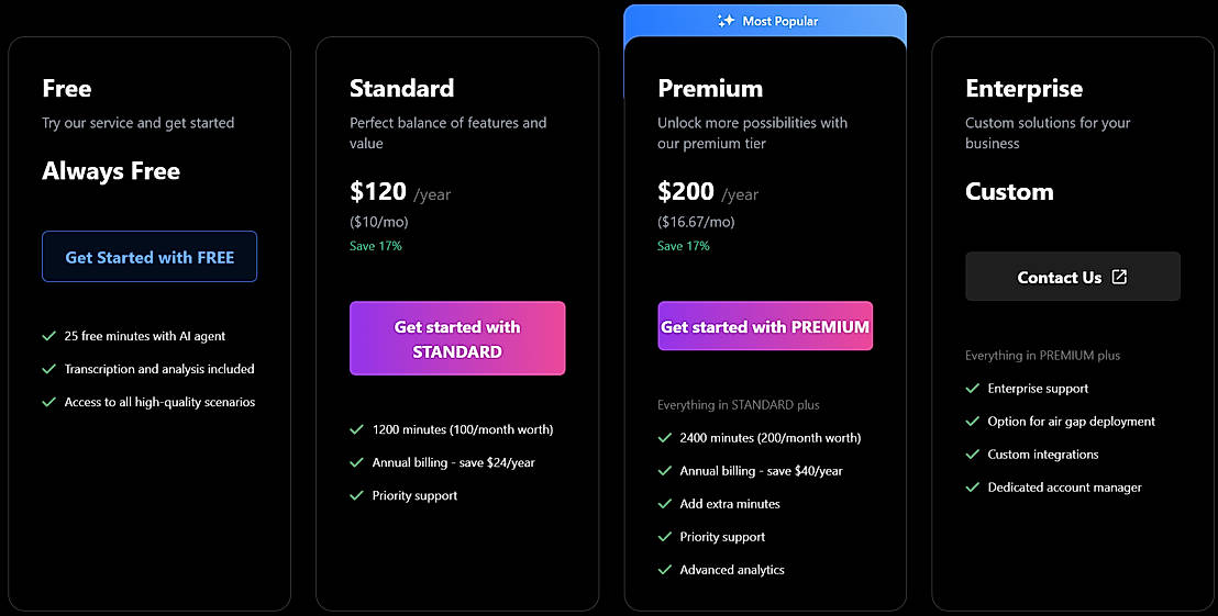 Pricing screenshot